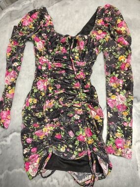Fashion Nova Black Floral Ruched Long Sleeve Mini Dress